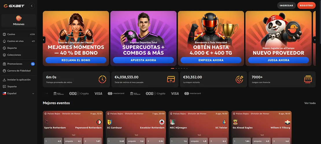 Captura de Gxbet: portada, bono de bienvenida y tragaperras destacadas