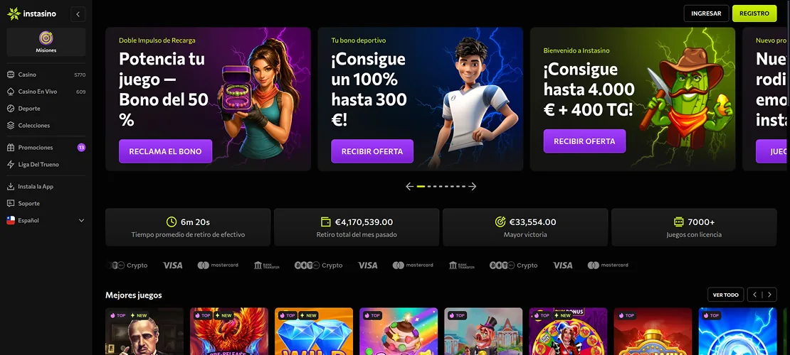 Captura de Instasino: apuestas deportivas y sala de casino en vivo